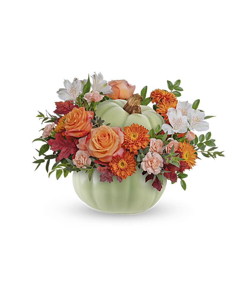 Whimsy Pumpkin Bouquet - Whimsy Pumpkin Bouquet offers a stylish option for your autumn table. This sophisticated arrangement of fall roses comes in a beautiful ceramic pumpkin adorned with intricate hand-painted accents in sage green. This arrangement features elegant orange roses, peach miniature carnations, and white alstroemeria, complemented by bronze cushion spray chrysanthemums and accented with huckleberry and parvifolia eucalyptus foliage. Presented in the Sage Harvest Pumpkin, it exudes a sense of timeless beauty and sophistication