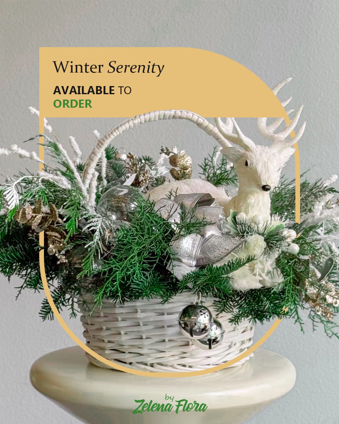 Winter Serenity Winter Serenity - This Christmas bouquet feels like a magical forest captured in winter’s quiet beauty. It features a charming white reindeer nestled among snowy pine branches, frosted accents, and sparkling silver decorations. With its cozy and festive vibe, it’s the perfect centerpiece to bring warmth and joy to any holiday celebration.  Elements and Decorations: White reindeer figurine Frosted pine branches Artificial snow-covered twigs Glittering silver ribbon Shiny silver ornaments (bells) Crystal-like baubles White roses (artificial) Small green fir sprigs