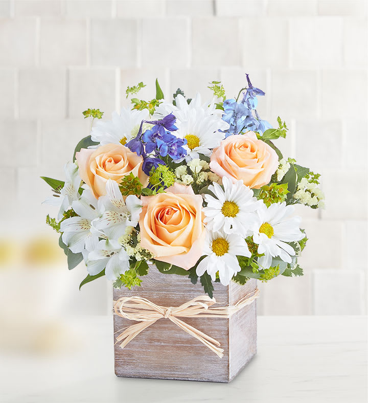 Coastal Breeze - Inspired by the soothing shades of the coastline, our popular bouquet will bring its tranquil beauty to someone special. Artistically designed inside a modern glass cube finished with raffia, it’s a gift that delivers your sentiments in easy summer style. One-sided arrangement with blue delphinium, peach roses, white Peruvian lilies (alstroemeria), daisy poms and monte casino and yellow statice; accented with assorted greenery Artistically designed in a clear glass cube lined with Ti leaf and accented with raffia; measures 5&quot;H x 5&quot;L Premium arrangement measures approximately 17&quot;H x 16&quot;L Standard arrangement measures approximately 15&quot;H x 13&quot;L Our florists hand-design each arrangement, so colors, varieties and container may vary due to local availability