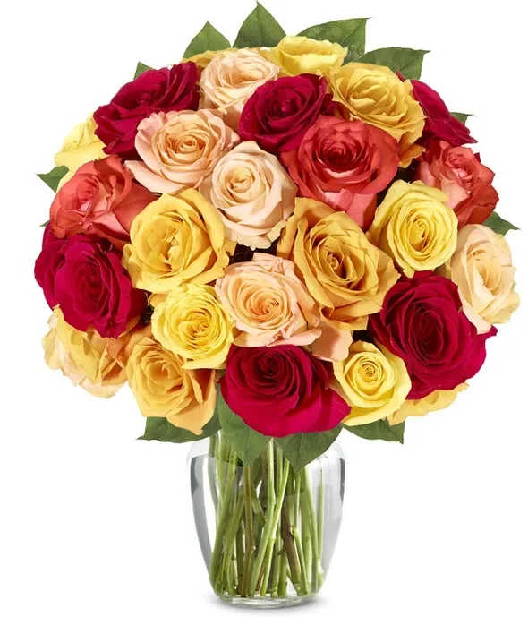 Two Dozen Fall Roses - Send them beautiful flowers reflecting the colors of Autumn. This bouquet features two dozen assorted roses in red, yellow, and orange in an optional glass vase. It's sure to being a warm smile to their face.