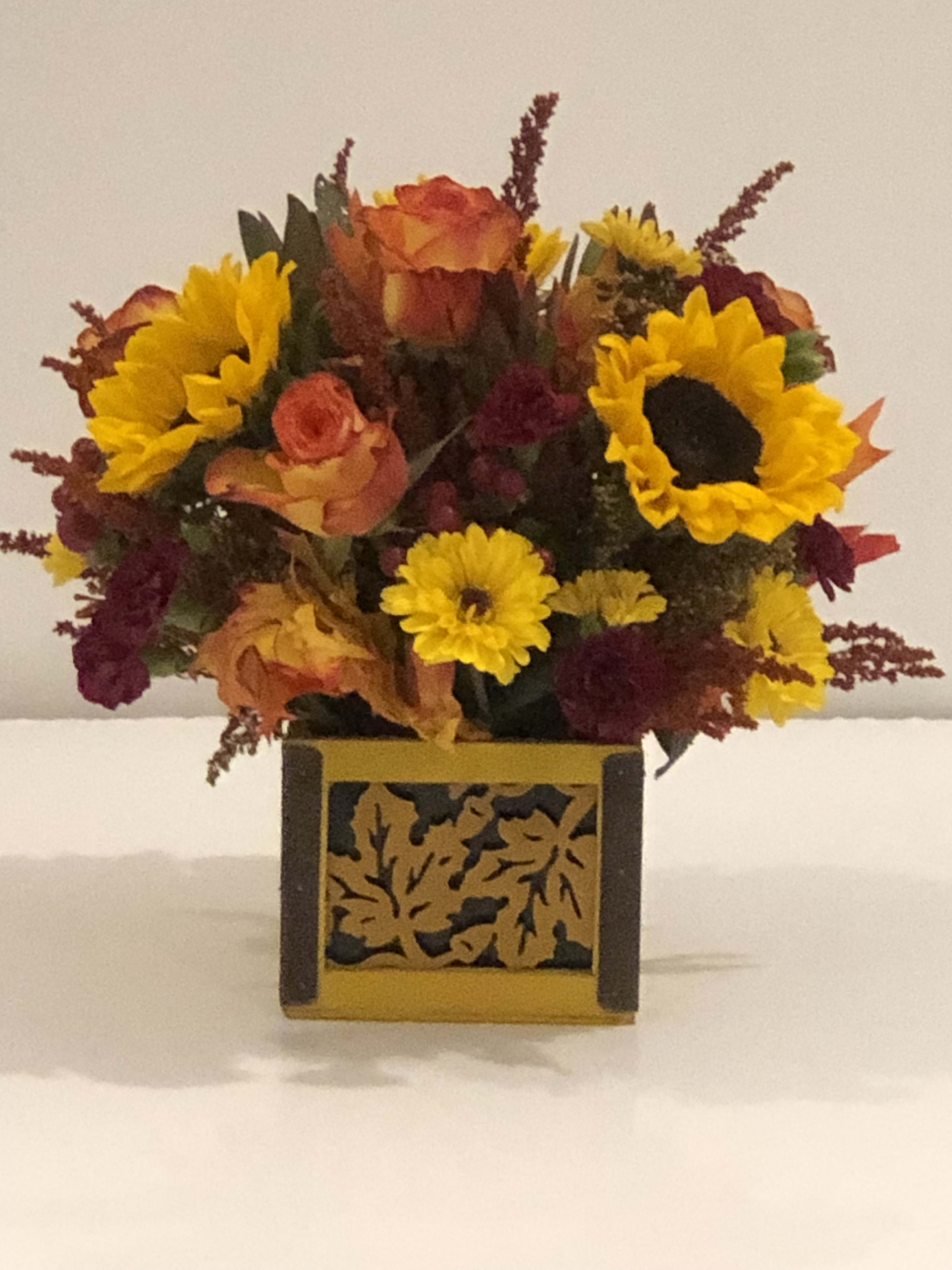 Wooden Autumn Bouquet  Wooden Autumn Bouquet  - Beautiful assortment of fresh flowers designed with the cozy feeling of autumn.  Perfect as a centerpiece or any end table or nightstand.