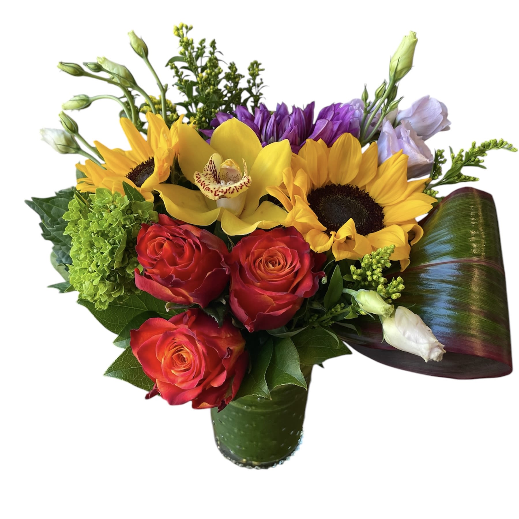 Pumpkin Spice Pumpkin Spice - Orange roses, yellow cymbidium orchid, sunflower, purple dahlia, purple lisianthus, green hydrangea designed in a glass vase. As shown.