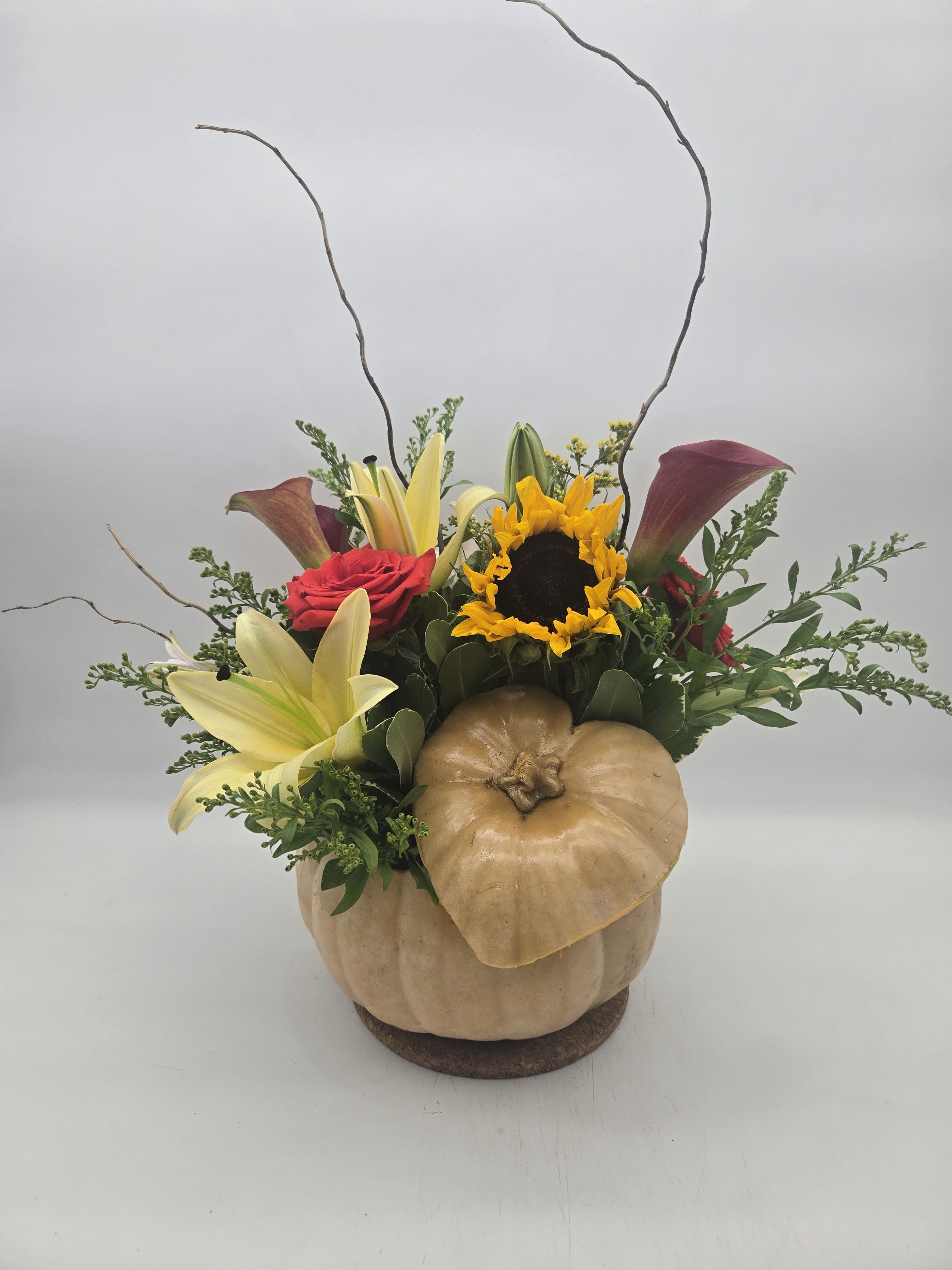 The Perfect (Real) Pumpkin - All unique to Availability of product  - Enjoy a custom fresh fall arrangement in a fresh &quot;real&quot; pumpkin. 