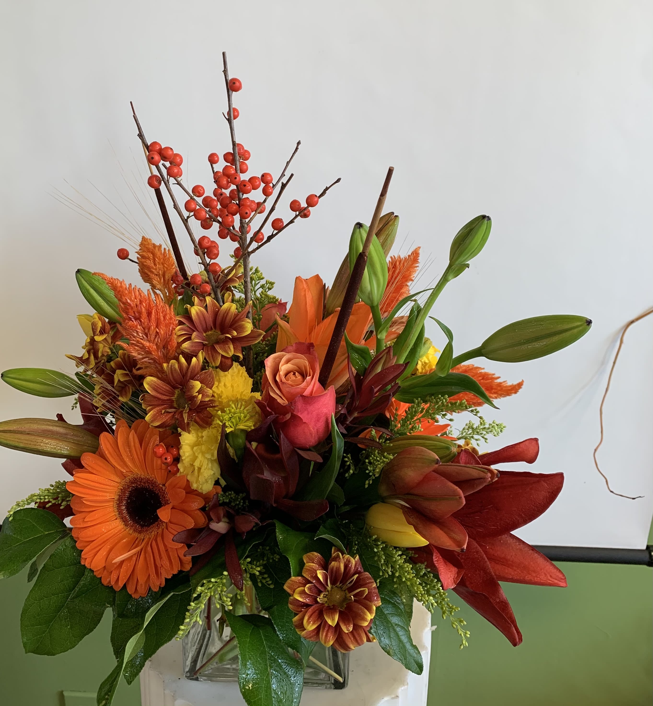 "Falling" for you! "Falling" for you! - Mixed autumn flowers in a cube glass vase, very festive looking!