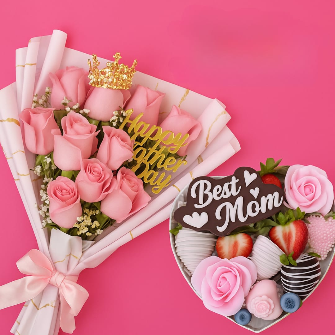 Duo Mom - Mother's Day roses - Gifts For Mother's Day  Includes:   Pink Rose Bouquet – 10 to 12 fresh pink roses – “Happy Mother’s Day” acrylic topper – Decorative gold metal crown – Elegant wrapping with satin ribbon   Best Mom Strawberry Box – 8 to 9 chocolate-covered strawberries – “Best Mom” chocolate lollipop – 2 foam decorative flowers – Chocolate-covered blueberries – Fresh sliced strawberries   Incluye:   Bouquet de rosas rosadas – 10 a 12 rosas naturales – Topper acrílico “Happy Mother’s Day” – Corona metálica dorada decorativa – Envoltura con diseño elegante y lazo de satén   Caja de fresas “Best Mom” – 8 a 9 fresas cubiertas de chocolate decoradas – 1 paleta de chocolate con mensaje “Best Mom” – 2 flores decorativas de foam – Blueberries cubiertos de chocolate – Fresas frescas picadas  Entrega disponible en Miami y alrededores. 