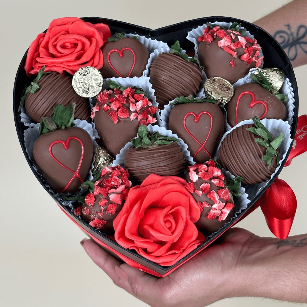Love Hearts Chocolate Gifts - By Online Chocolate Gifts For Love, Feel Him Love with Ours Fresh Strawberries Decorated with Chocolate covered and Sweet Red Spinkler. Send For Delivery Options From Miami Sring Florida to Your Special Place.  Includes: 12 Chocolate Cvered Srawberries Some Spinkler. 2 Decorative Foam Red Flowers. 1 Black Heart ( White optional )