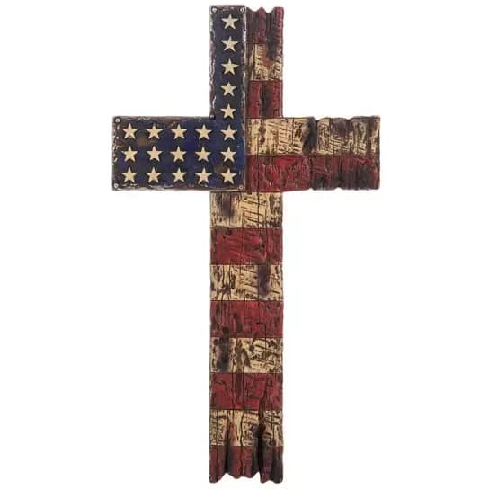 Patriotic Inspirational Cross - This cross is made of solid resin, and it's carved to resemble the texture of wood. An American flag design covers the front side of the cross.  Dimensions: 14&quot; H x 7.63&quot; W x 0.5&quot; D Wall hanger on back 