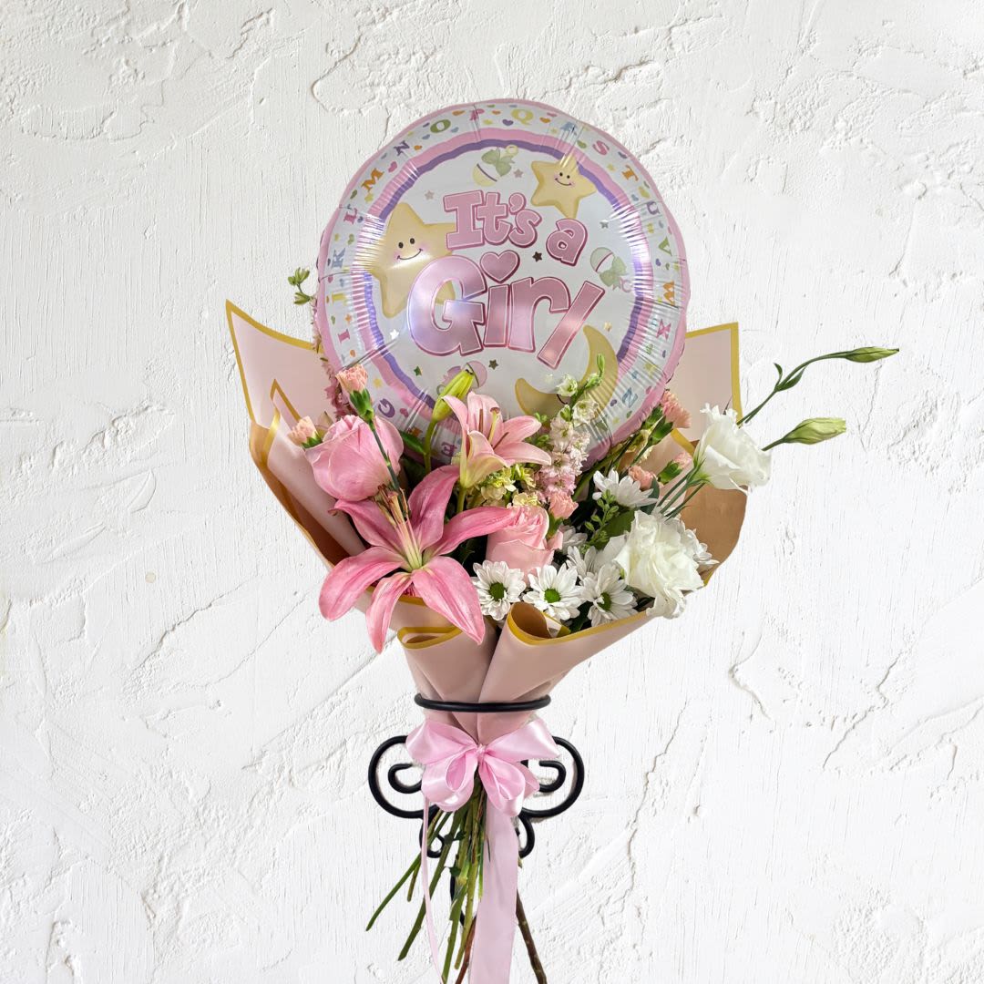 Baby Girl Blooms with Mylar Baby Girl Blooms with Mylar - Baby Girl Blooms with Mylar Purchase standard for hand-held bouquet wrap and deluxe for bouquet designed in a vase.