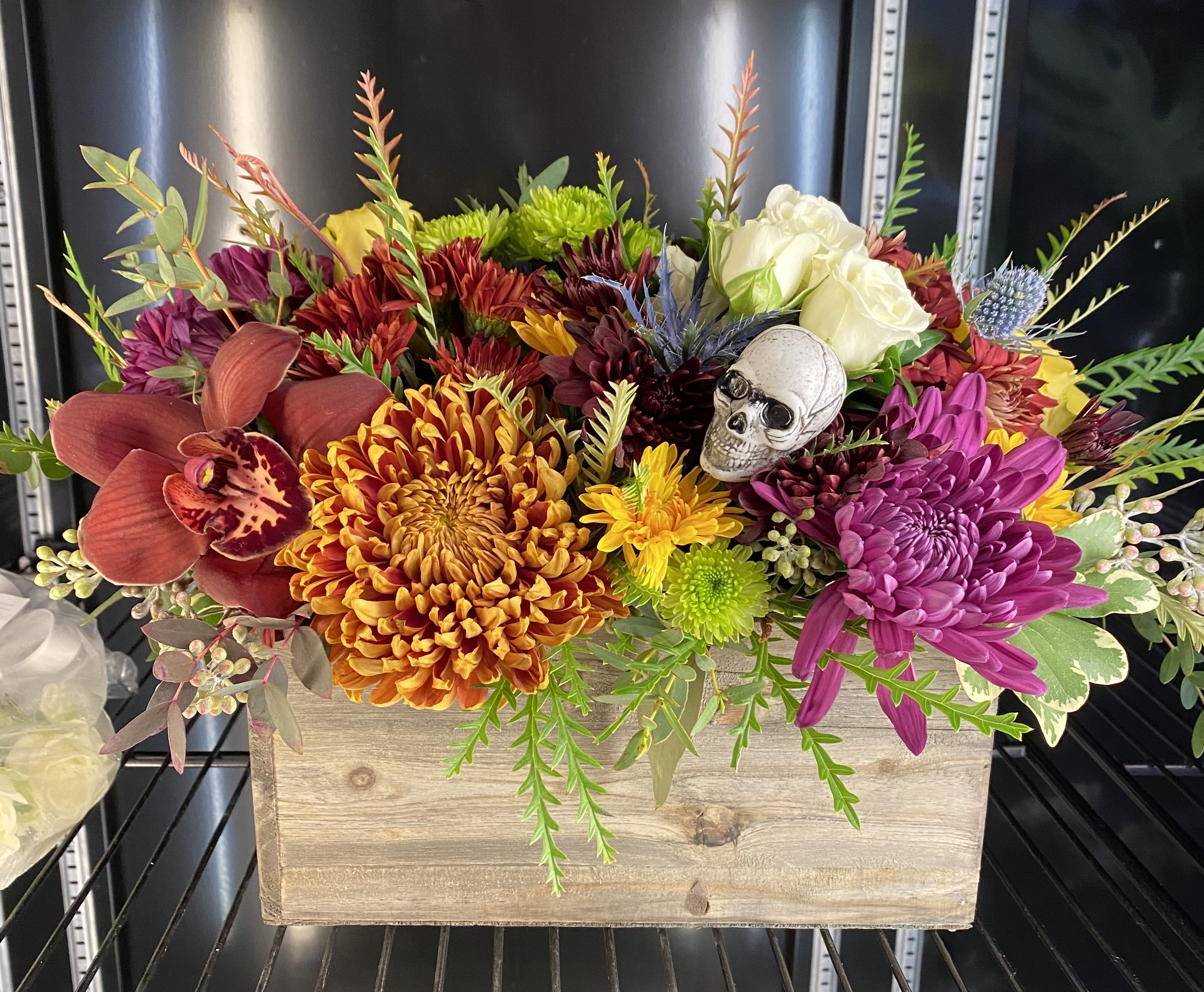 Halloween Inspired Fall Floral Box Halloween Inspired Fall Floral Box - Long lasting florals in fall colors in a 8 inch box.