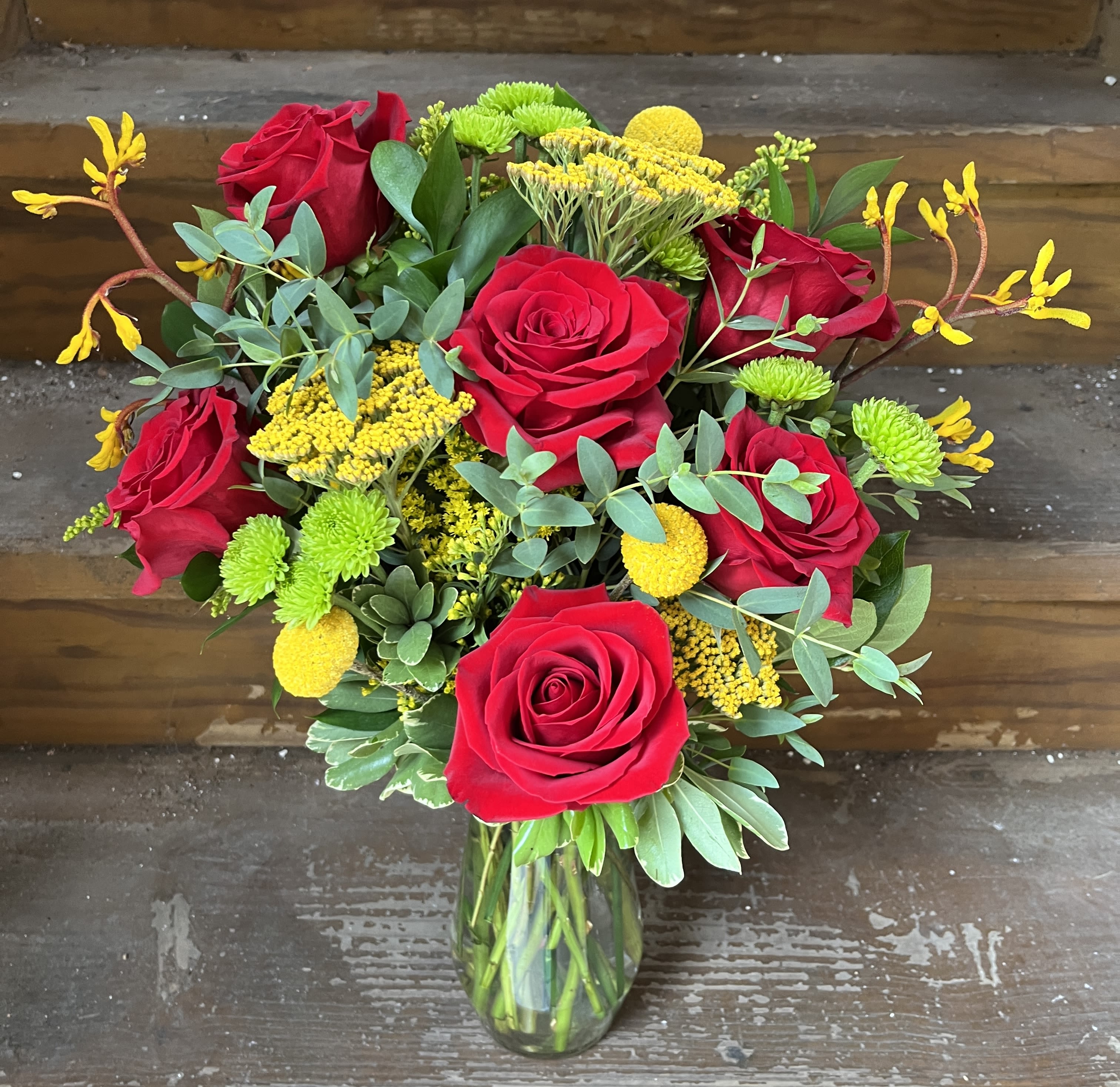 Scarlet Harvest Scarlet Harvest - Red Roses, Yellow Yarrow, Kangaroo Paw, Dilly Balls and Fall Mums and Flowing Greens