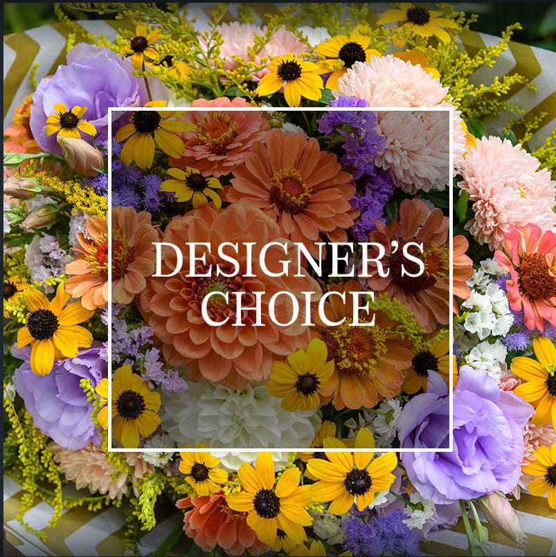 Designer's Choice Arrangement Designer's Choice Arrangement - Handcrafted arrangement with seasonal florals professionally curated and designed just for you! *Please indicate on "Special Instructions" if you have a more specific request with your bouquet. (i.e. hand-tied or vased, more exotic or traditional, centerpiece style for table or tall and grand, or a particular flower, etc.).