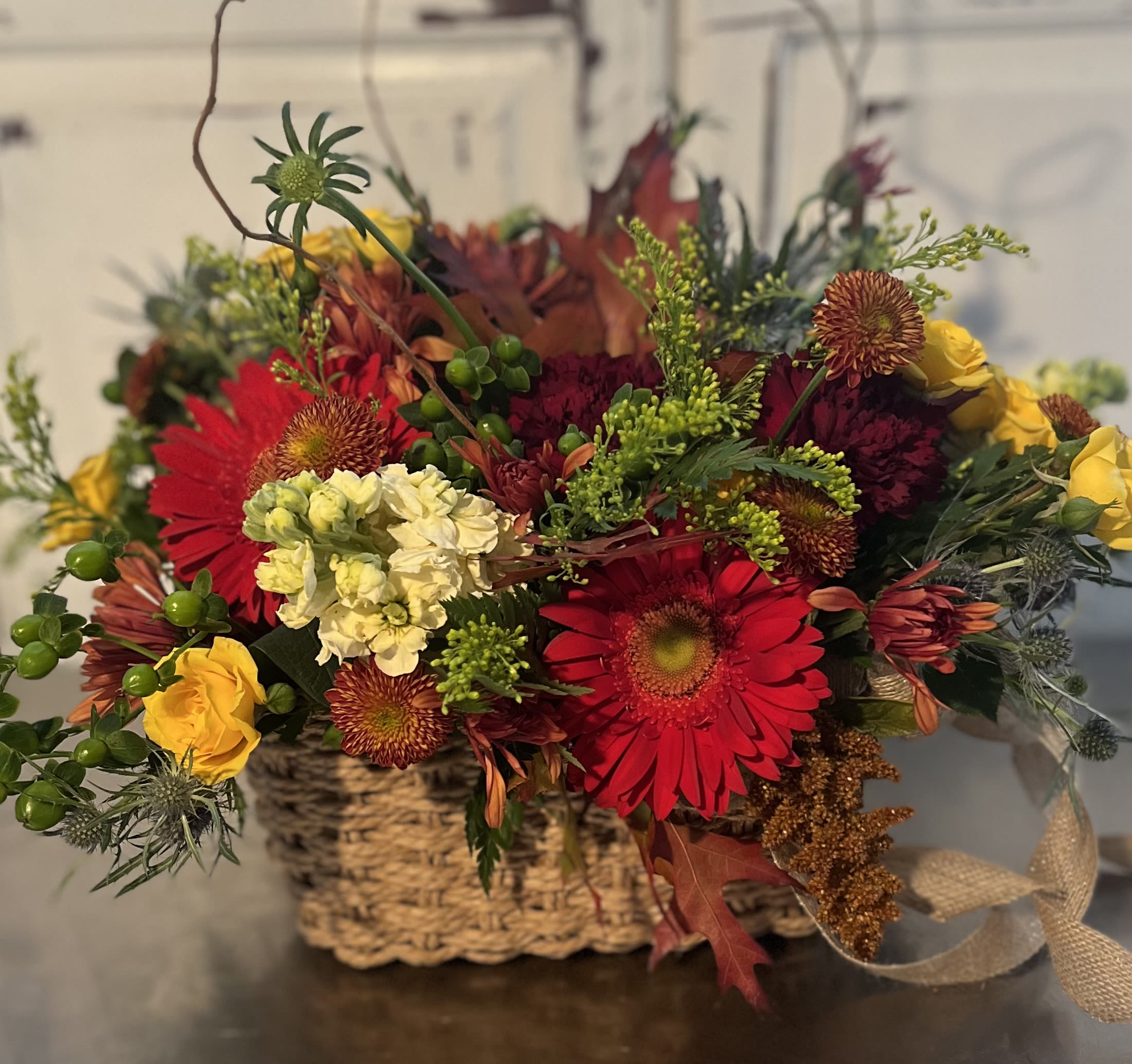 Autumn Vibes Autumn Vibes - Our Autumn Vibe is spilling over with an assortment of vibrant, in season fall blooms sure to delight it's recipient. Call us directly with any questions or concerns. 707-479-1606