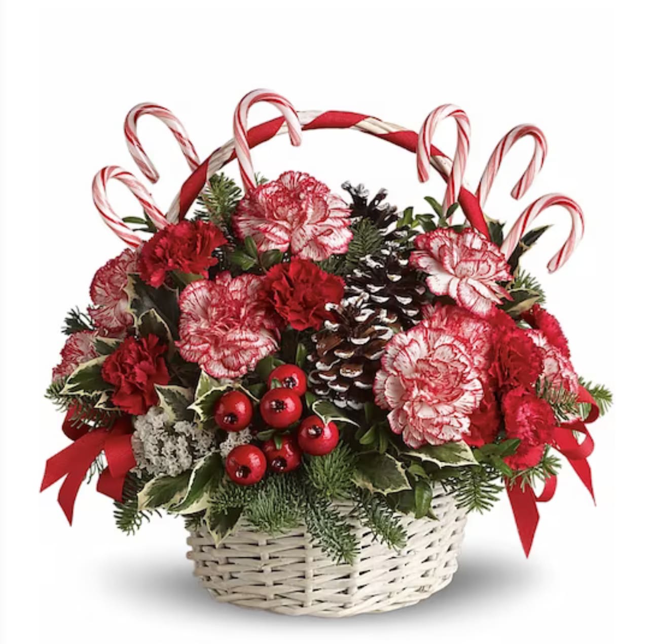 Christmas candy Basket Christmas candy Basket - Carnation white and red with Christmas candies. Basket color is subject to store availability