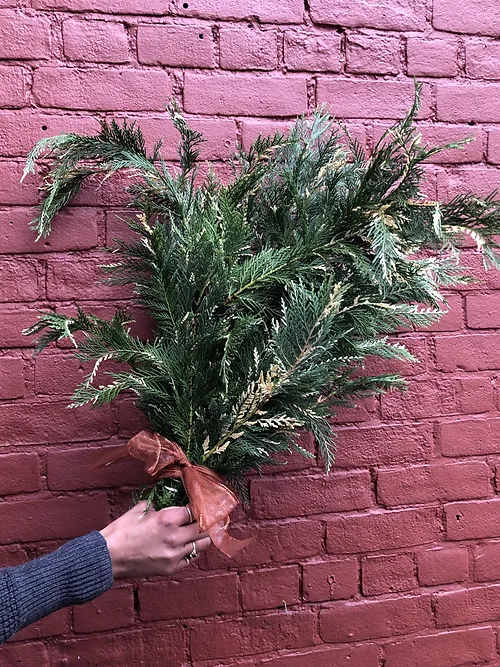 Variegated Leyland Cedar - Don't forget to consider one of our Artisan Cards to add to your order.  Each card is designed by a local artist and is available in these varieties. Store Cards are also available.  All orders are automatically scheduled for next day delivery to arrive between 1:00- 5:30 unless you request otherwise in your notes.  We will always do our best to accommodate special requests, but it is best to call and follow up, particularly for last-minute orders.   Delivery fees are calculated based on postal code.  For more details on rates please view our Shipping page.  ​  Happy Hour delivery applies to our Instagram Special only. All rules around those deliveries are outlined in each HAPPY HOUR post. If a recipient is not home to receive their delivery, and we are unable to contact you, they will be returned for an additional fee. They must then be picked up by the recipient or sent out with our regular next-day delivery for an additional fee.  ​  Happy Hour deliveries are free within Cabbagetown within 1/km walking distance. All other Happy Hour orders are $1/km by increments of $5 per km  Bouquet will be delivered approximately as pictured.