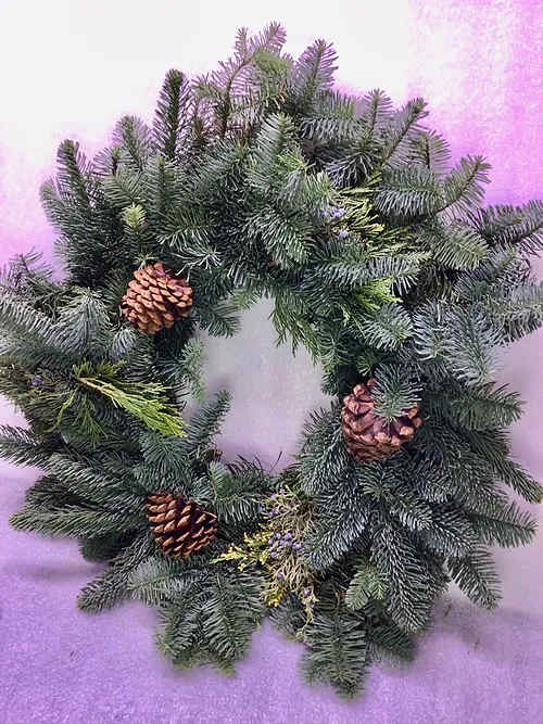 Mixed Wreath - Fraser fir, seeded cedar, seeded juniper, pine cones  Bouquet will be delivered approximately as pictured.