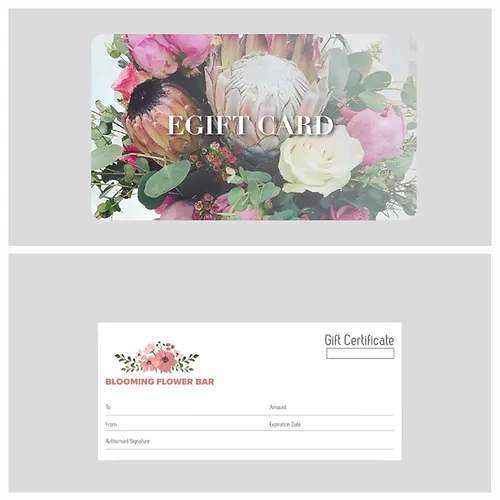 Gift Certificate - Make it easy. Select a gift card to be used for any item at any time. We’ll mail it it the recipient for you! Electronic gift cards are also available on our eGift Card page which you can access from the drop down menu in the top right hand corner of our home page.  Bouquet will be delivered approximately as pictured.