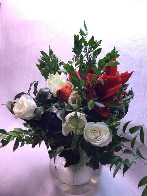 Eye Candy - A variety of long-lasting seasonal amaryllis flowers with roses, fragrant greens and magnolia.     Small $95  Large $150  Add a thick Polish glass bottle vase $60     Don't forget to consider one of our Artisan cards to add to your order.  Each card is designed by a local artist and is available in four different varieties. Store cards are also available.  Bouquet will be delivered approximately as pictured.