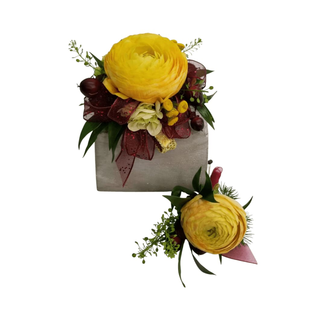 Yellow Corsage and Bout Set - Yellow Ranunculus, green hydrangea, yellow accents and greens. Deep burgundy ribbon, standard elastic wristlet. Corsage and boutonniere set. 