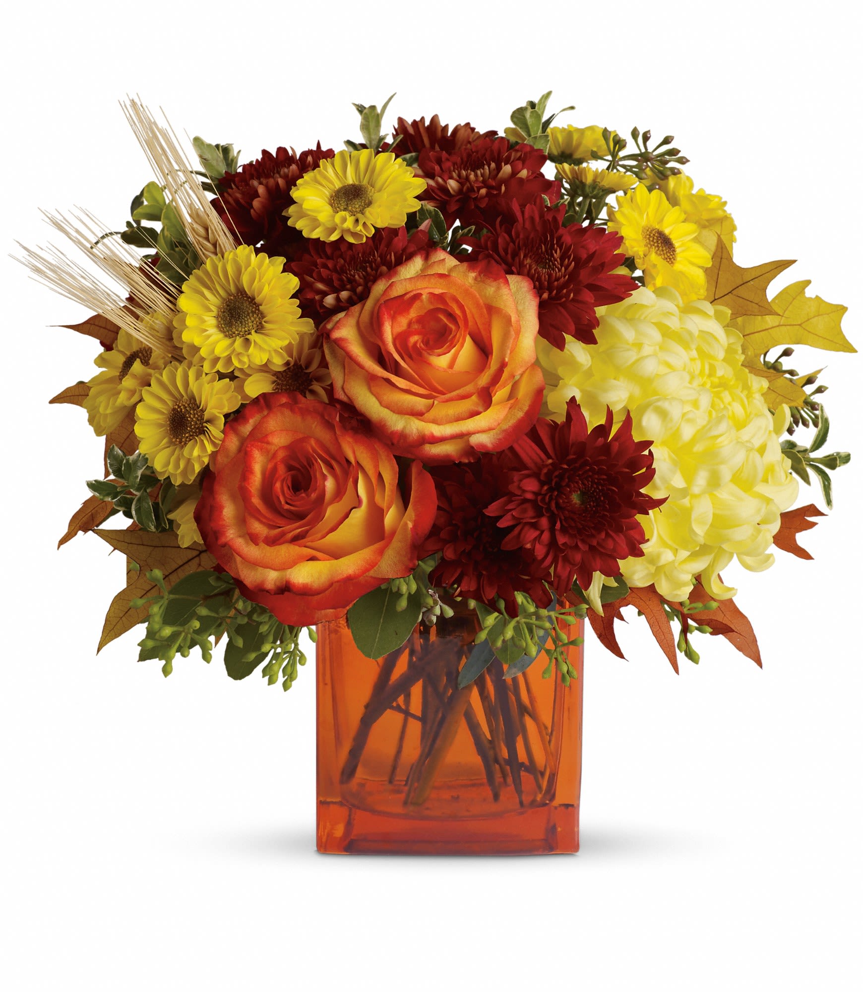 Autumn Expression - Autumn is an awesome season and it's meant to be celebrated in style. Rich fall hues are on brilliant display in this beautiful arrangement that comes delivered in a classic cube vase.