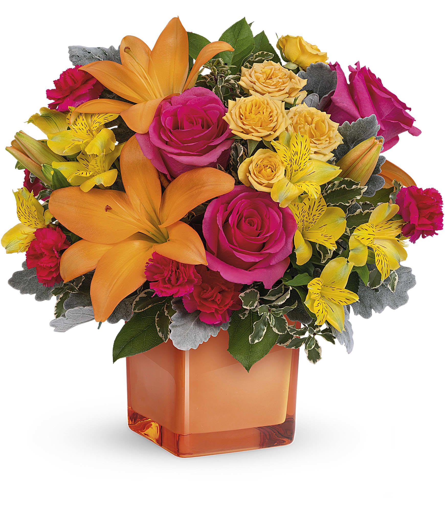 Spread Sunshine Bouquet - Spread sunshine with bold roses, cheerful lilies, and fluttering alstroemerias in this stylish Color Splash cube. It'll brighten anyone's day with a burst of fun, colorful blooms.