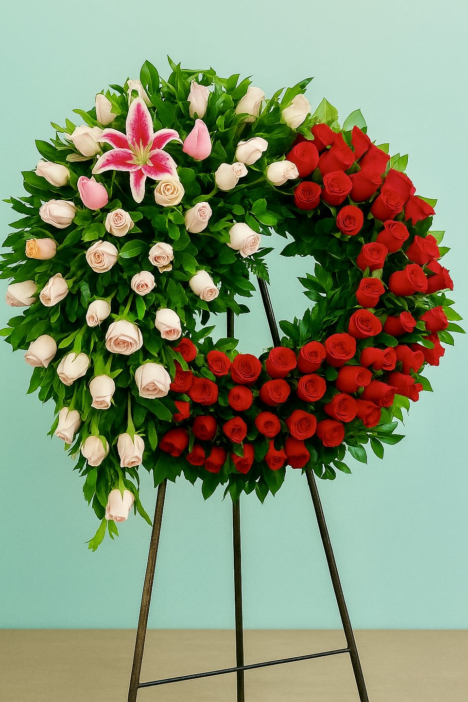 Love &amp; soul - A stunning floral wreath that speaks of love and remembrance . This beautiful arrangement blends soft pink roses, bold red roses, and elegant stargazer lilies in a graceful half-and-half design. A heartfelt tribute that honors a cherished memory with elegance and color. SIZE 32 INCHES SIZE 37 INCHES