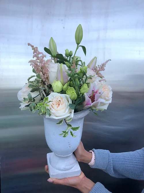 Sending Love Arrangement - A an overflowing bouquet of local and seasonal blooms in our signature Destiny Urn. This arrangement is available in the following sizes:     Small - $99  Large - $139  Bouquet will be delivered approximately as pictured.