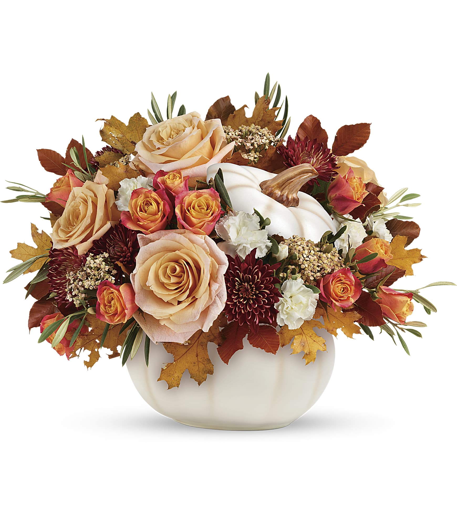 Harvest Charm Harvest Charm - This charming arrangement features blooms such as crème roses, white miniature carnations, burgundy cushion spray chrysanthemums, yellow cottage yarrow, olive, and brown copper beech. Delivered in an Enchanted Harvest Pumpkin- can be done in orange pumpkin too!Approximately 18" W x 13 1/2" H