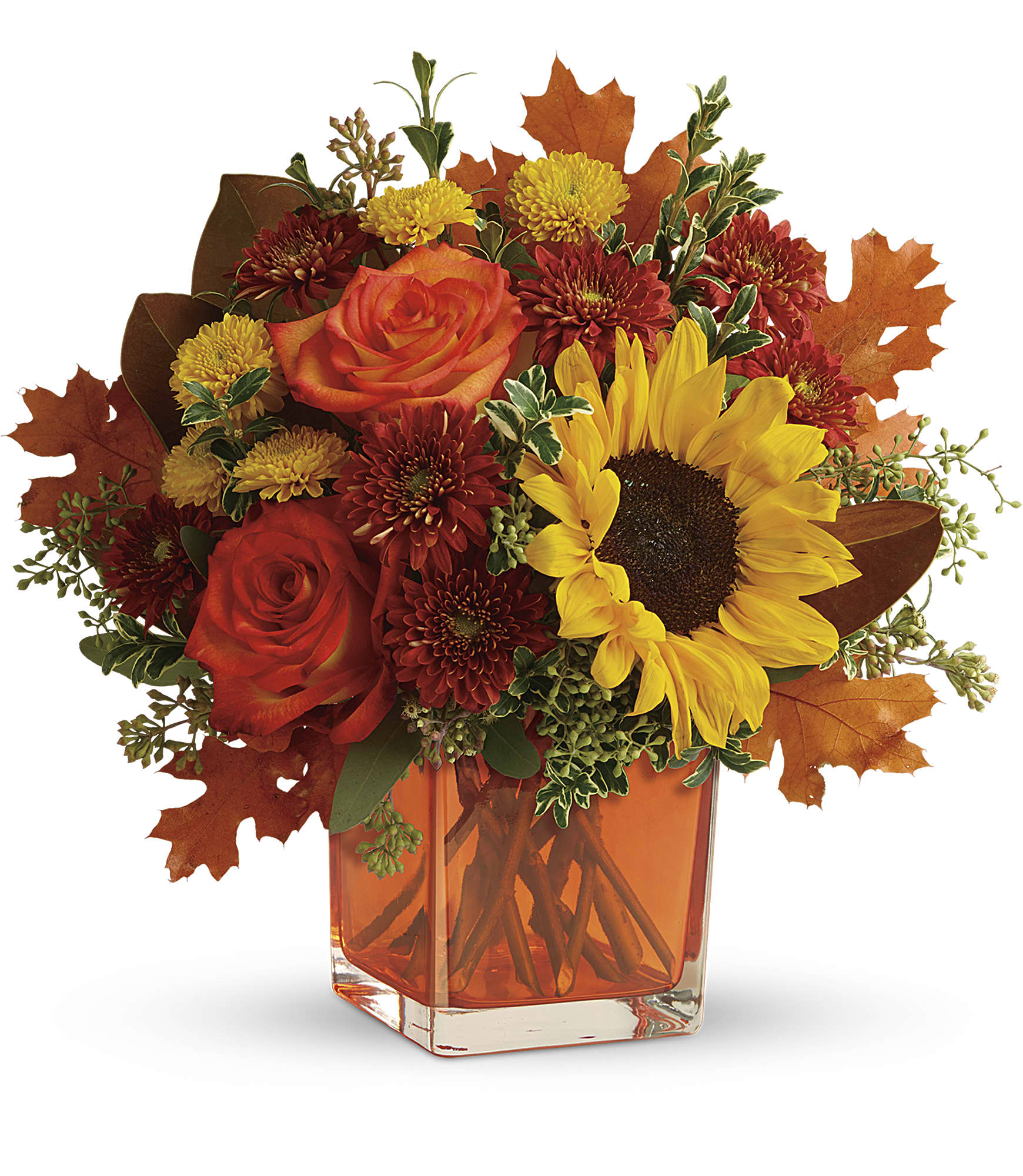 Hello Autumn Bouquet Hello Autumn Bouquet - This bright bouquet includes blooms such as orange roses, yellow sunflowers, gold cushion spray chrysanthemums, rust cushion spray chrysanthemums, seeded eucalyptus. Delivered in an fall toned or clear cube. Approximately 13 1/2" W x 13 1/2" H