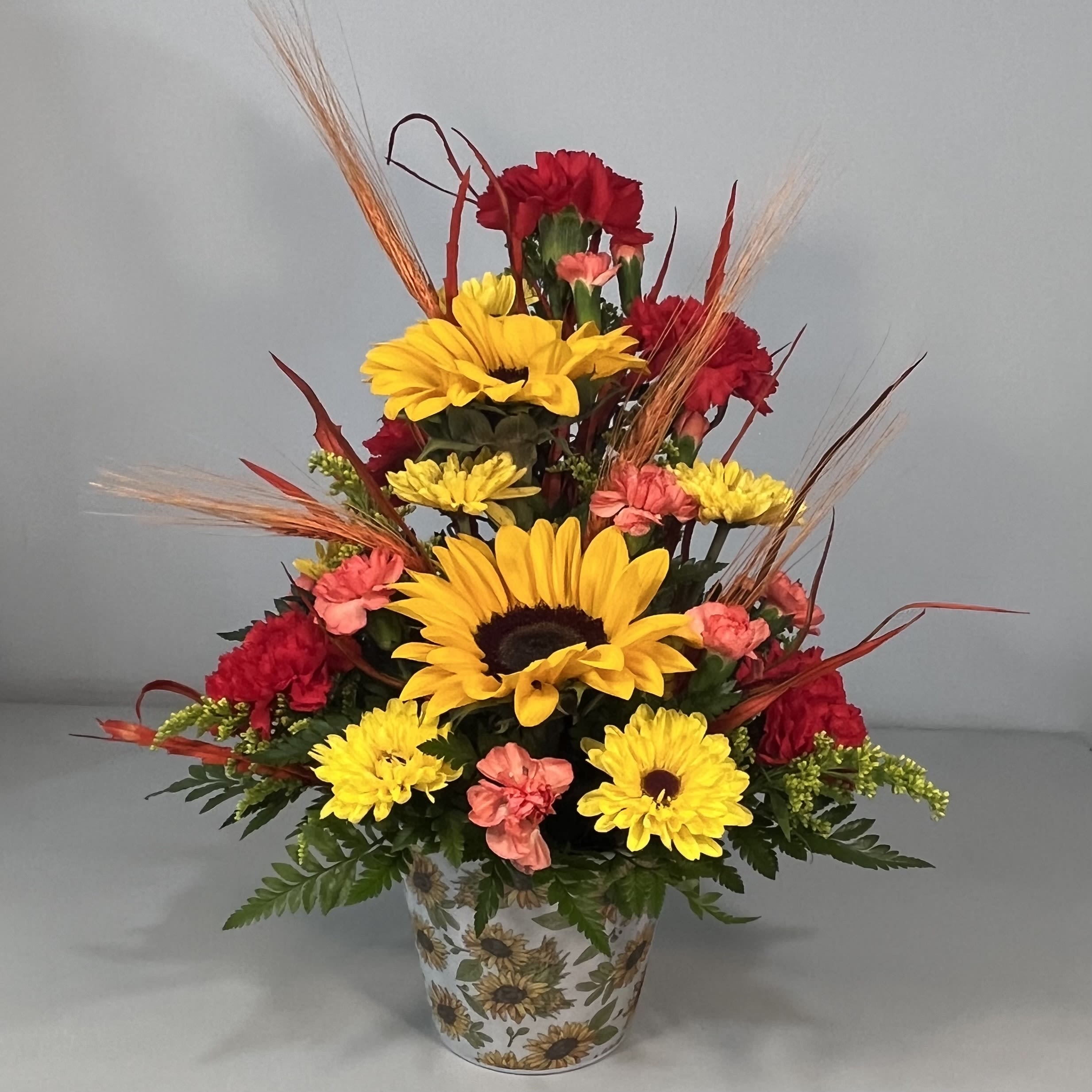 Sunflower Day - Melamine Plastic Pot filled Sunflowers, Carnations Daisies and fall fillers