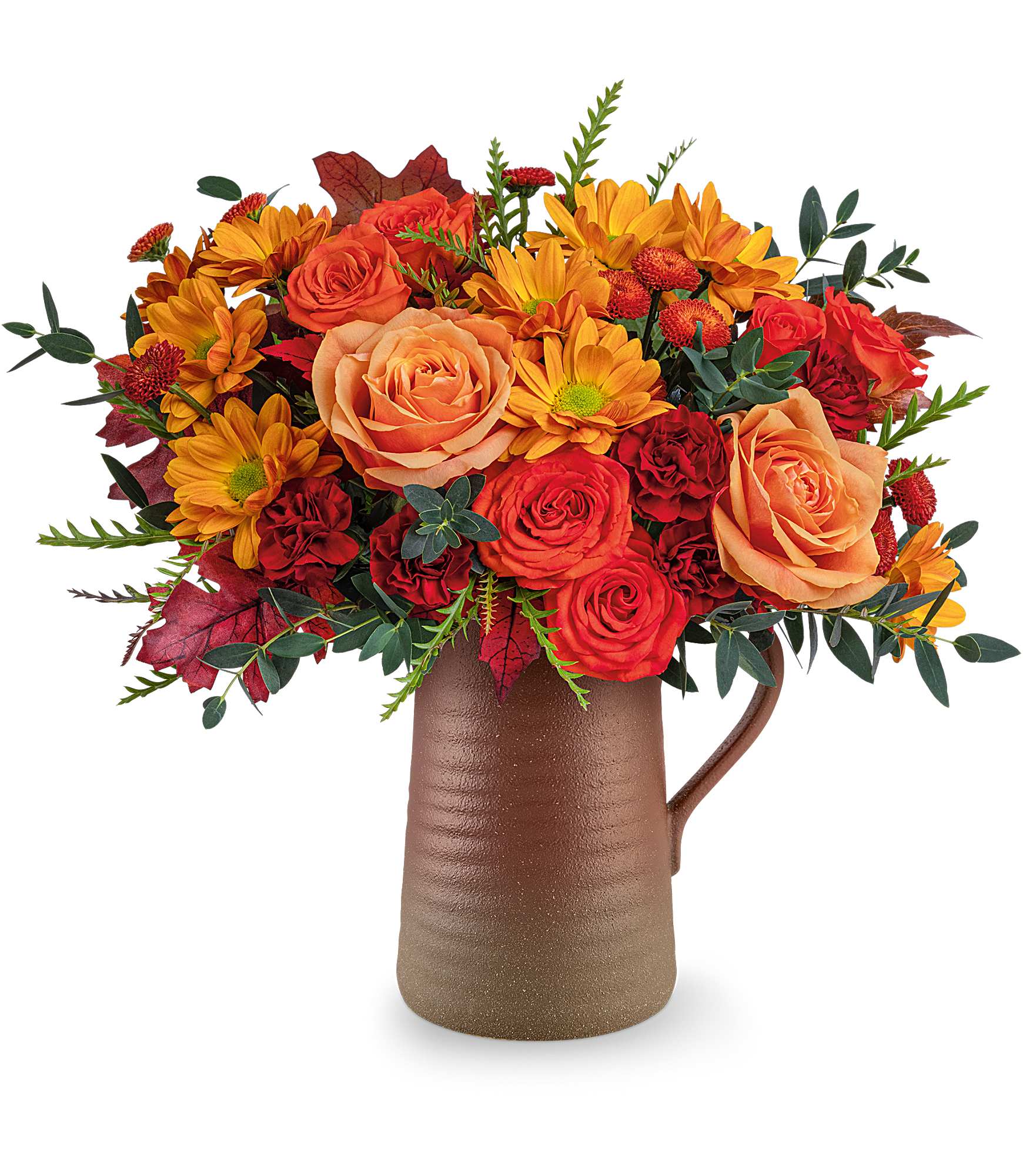 Terra Bloom Bouquet - Celebrate fall with our Terra Bloom Bouquet, a stunning mix of autumn flowers in a rustic stoneware pitcher. With rich orange and maroon hues, this seasonal arrangement is perfect for Thanksgiving décor or a warm harvest gift