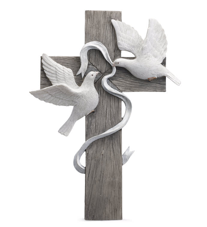 Dove Cross - Two doves in flight ascend from the cross in a reverent tribute to peace and tranquility. Equipped with hanger for wall mounting. Add a plant to your cart and we will arrange the cross in your planter for an attractive presentation. 16&quot; tall. 