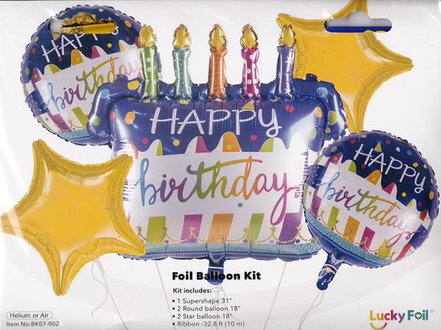 Birthday Balloon Set (Blue/Gold), comes on a weight - 1 jumbo mylar (36&quot;) and 4 regular mylars (18&quot;) tied together on a weight. The deluxe version comes with an additional 3 latex balloons.