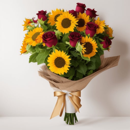 Sunburst Roses Wrapped Bouquet Standard ( Red Rose) - Make a loved one feel special with this Sunburst Roses Wrapped Bouquet! Bursting with color from the combination of sunflowers and roses, this bouquet is sure to make their day (or 'sun')shine! So show a little love and make someone smile with this floral gift. Brighten their day with blushing blooms that go straight to the heart. This sweet and sunny combination is guaranteed to make even the grumpiest of grumps turn that frown upside down! Brighten someone's day with this sunflower and rose bouquet today!  DETAILS  DOES NOT INCLUDE VASE Wrapped bouquet 18-22 Flower Stems    FLOWERS  Sunflowers Roses &nbsp;
