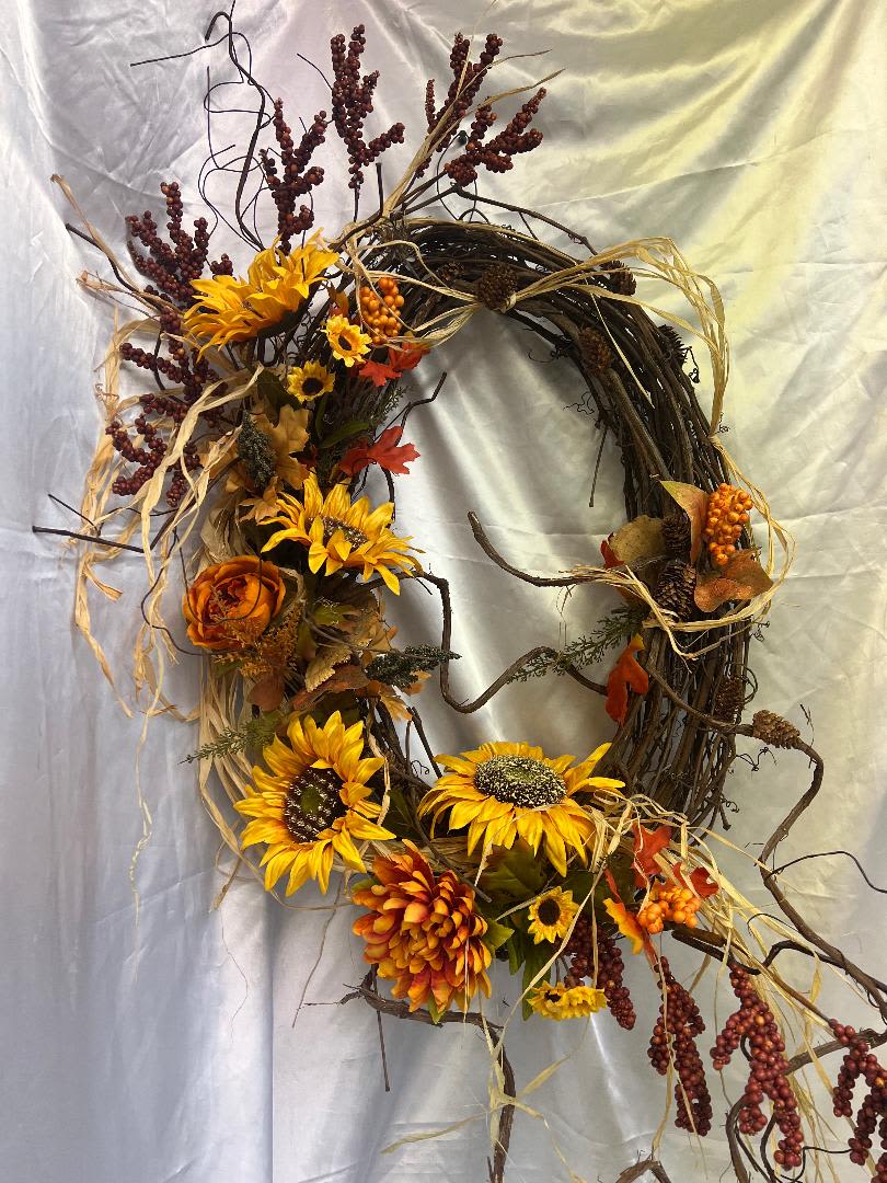 Fall Faux Decor Wreath - Custom grapevine wreath with fall silk flowers and accents added to make a perfect front door wreath for the Fall Autumn season! This is one of a kind!  Approx. 23&quot;wide by 36&quot; long