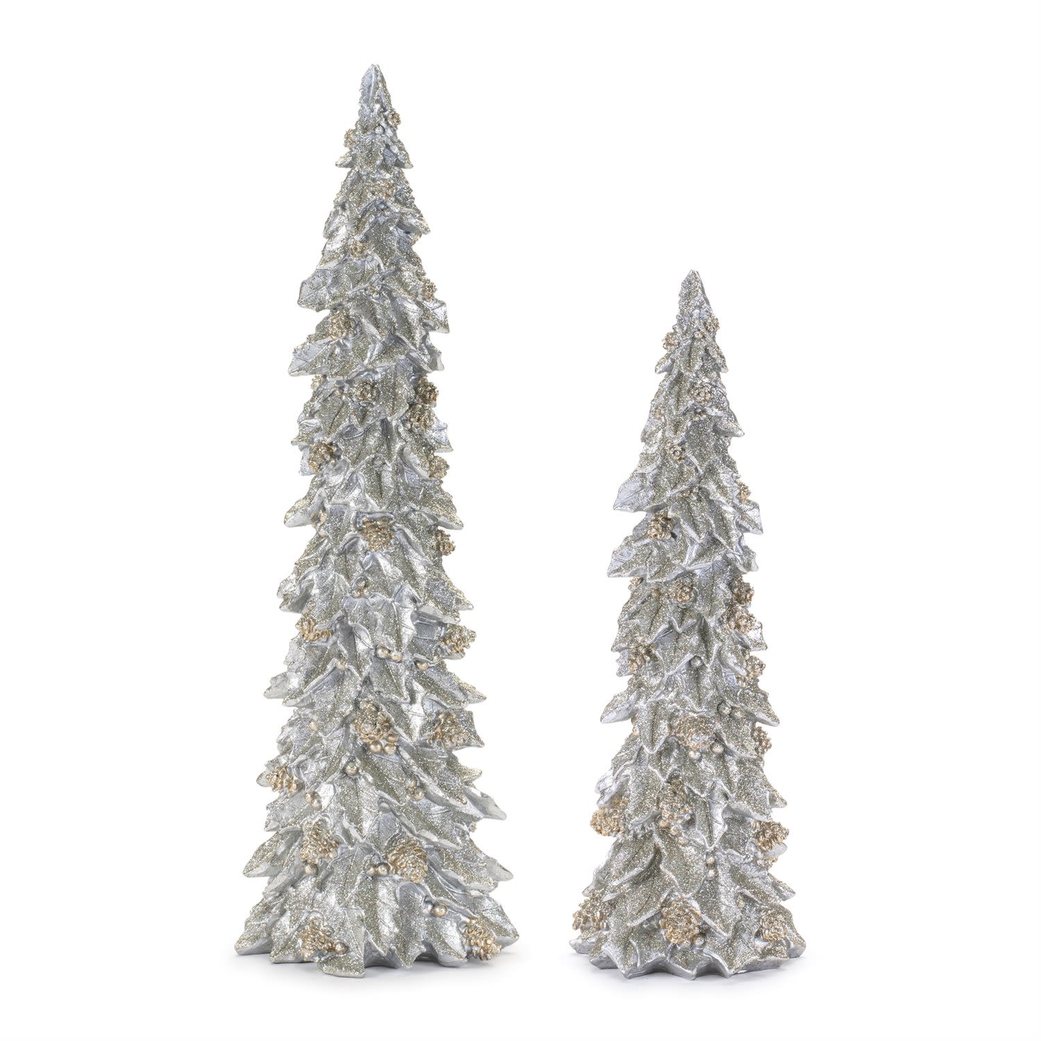 Glittered Holly Leaf Pine Christmas Trees - Silver and Gold - Set of 2 Glittered Holly Leaf Pine Christmas Trees - Silver and Gold - Set of 2 - 4 in. W X 5 in. L X 4 in. D X 14.75 in. H Melrose International
