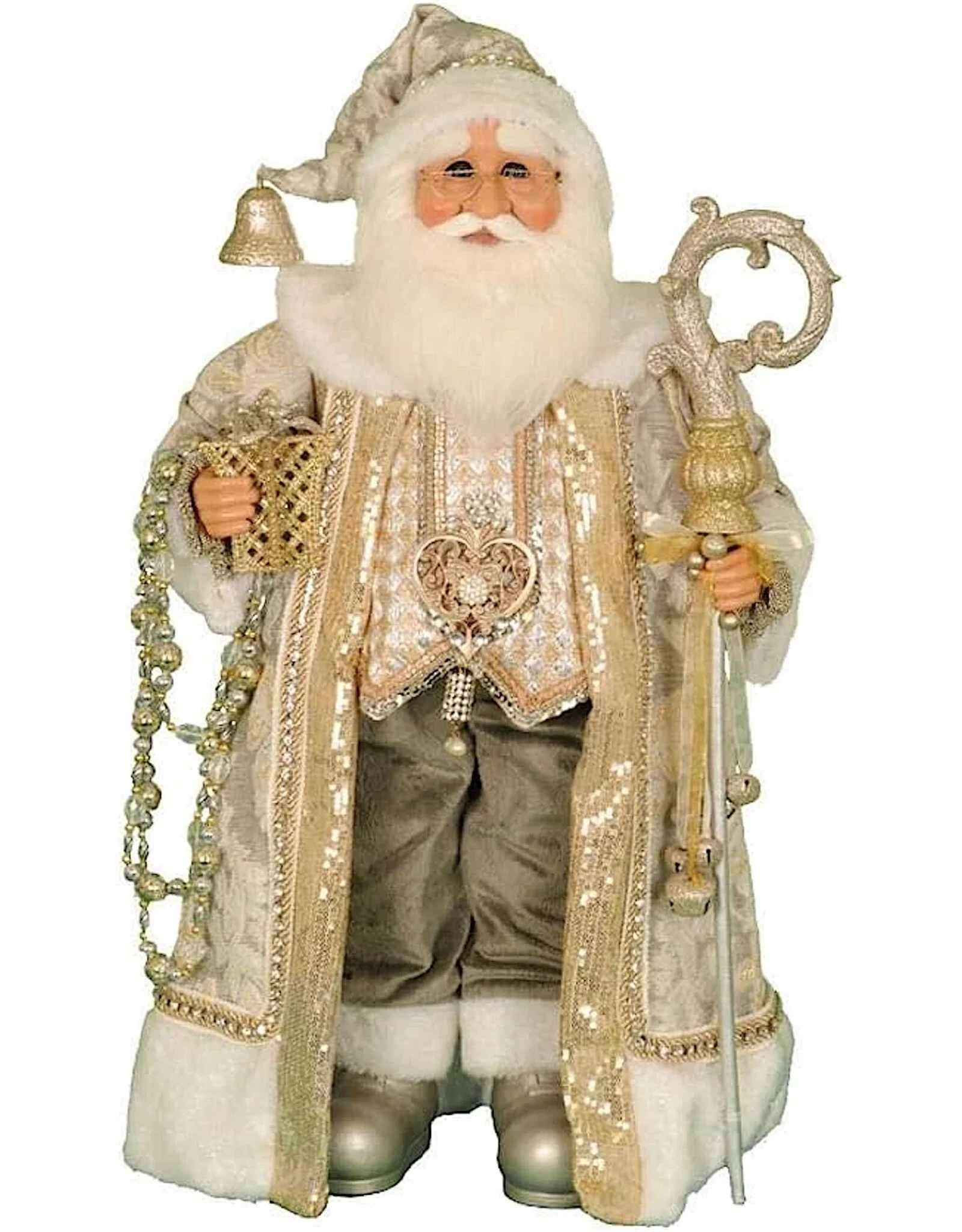 CHRISTMAS- Karen Didion Cream And Gold Santa Figure 27&quot; - Size: 18W x 9D x 27H inches Each of Karen’s personal designs within her Christmas collection are hand designed by Karen herself. Each piece comes with its own sewn in collector’s tag as well as a miniature artist profile on the back of each figurine. Many exquisite and unique fabrics are used to make each item’s clothing such as imported tapestry, velvet, jacquard knit, satin, velour, suede and leather. Novelty prints and designer buttons set off the vests and coats. Faux fur, embroidery, unusual braid and tassels are used as trims. Each collectible in this line is reproduced with the highest quality and attention and are all personally examined and approved by a Didion before being placed in the home of one of our beloved collectors.