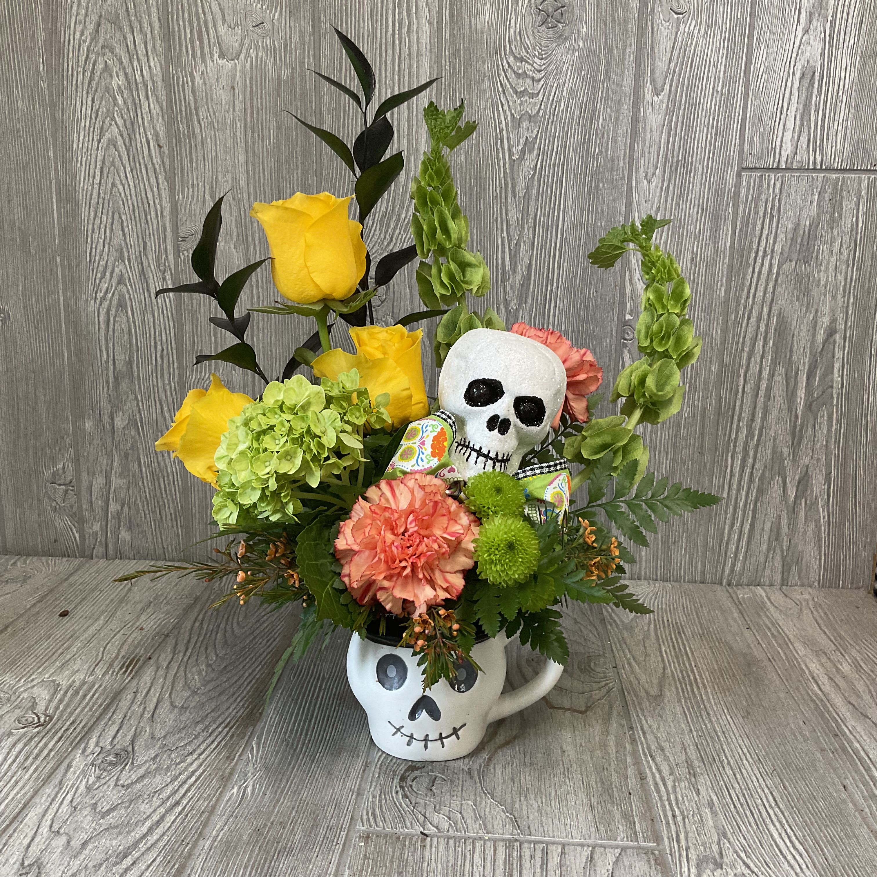 Hueso B. Bones - A festive Halloween Arrangement inside of a reusable Skull mug! 