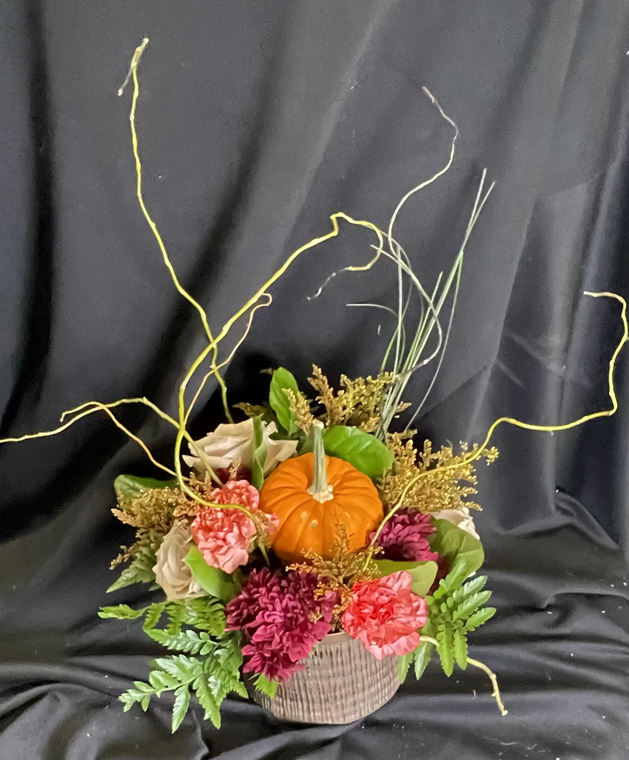 Pumpkin Garden - A sweet miniature pumpkin nestled in an floral salute to Autumn!  Available in wide price range.