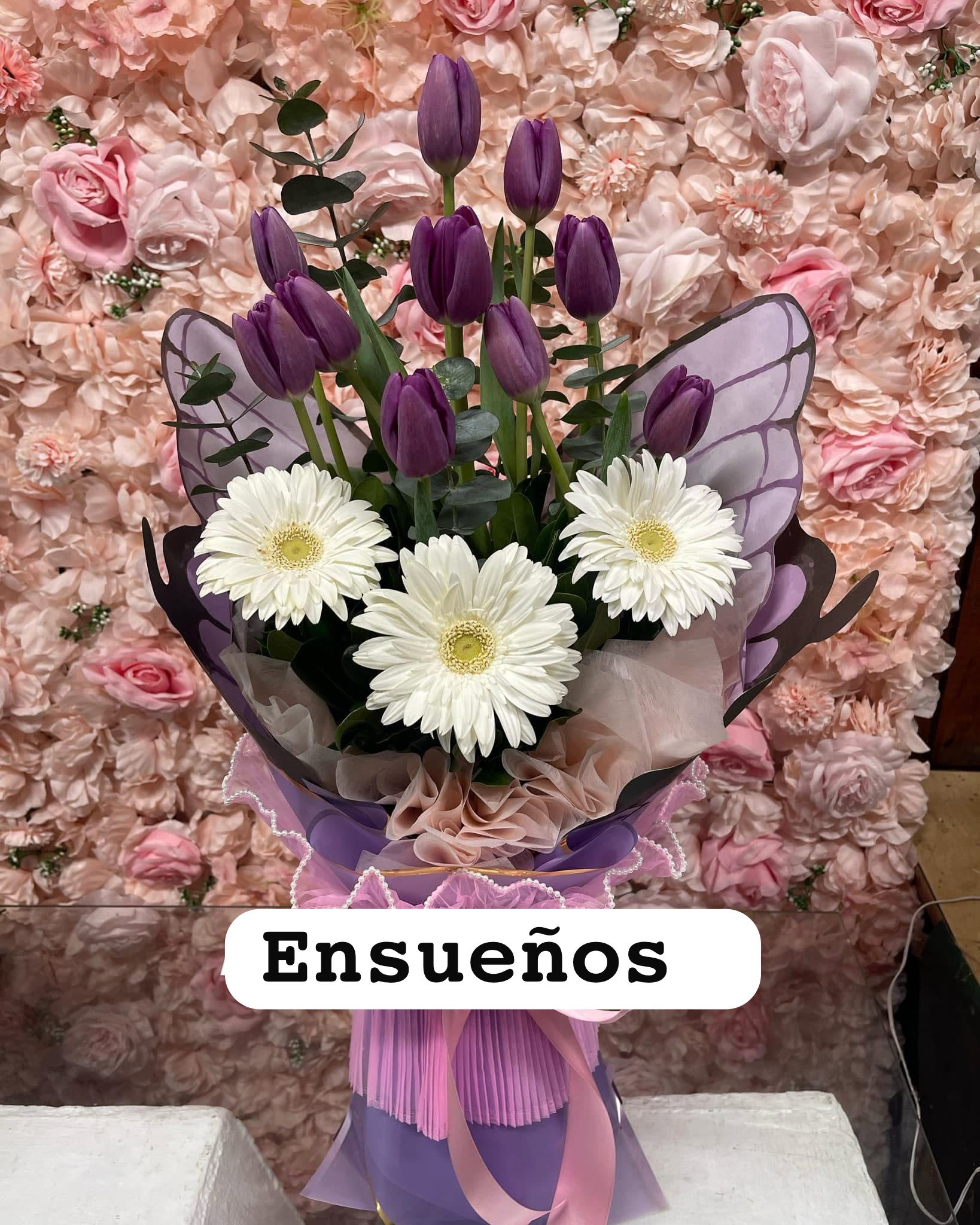  morado pulpo - unidad de 10 tulipanes y 3 rosas blancas