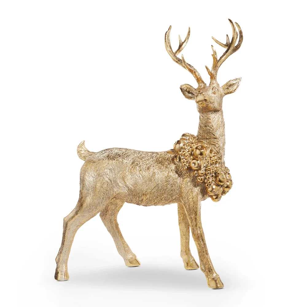 CHRISTMAS - 29.5" Gold Standing Deer with Wreath CHRISTMAS - 29.5" Gold Standing Deer with Wreath - Made of NATURAL STONE POWDER Measures: 23" L x 14" W x 29.5" H