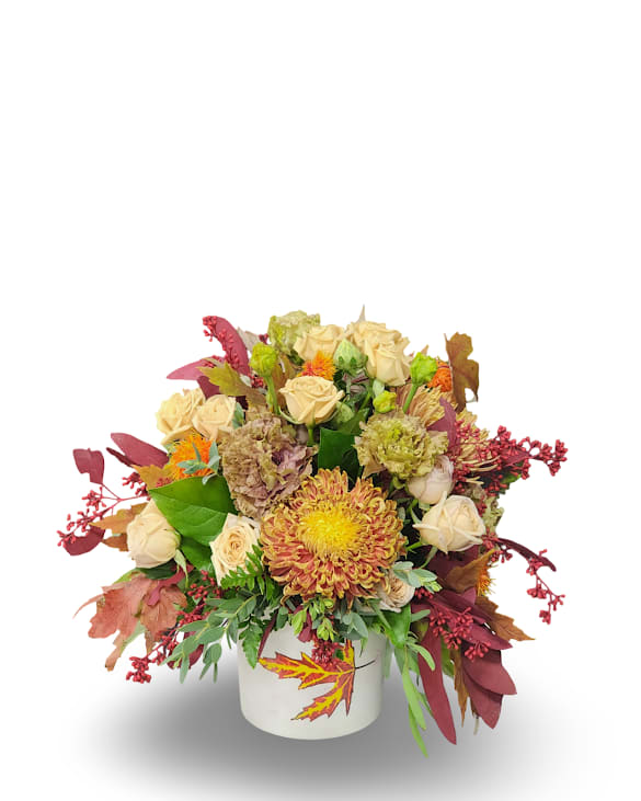 Falling Leaves Falling Leaves - Capture the cozy beauty of autumn with Falling Leaves, a stunning arrangement filled with warm seasonal tones. Featuring rich chrysanthemums, creamy roses, hydrangea, and accents of fall foliage and berries, this design brings the charm of the season indoors. Arranged in a white ceramic container adorned with a touch of fall detail, it’s perfect for a centerpiece or a thoughtful seasonal gift. Approximately 12 inches wide by 12 inches tall.