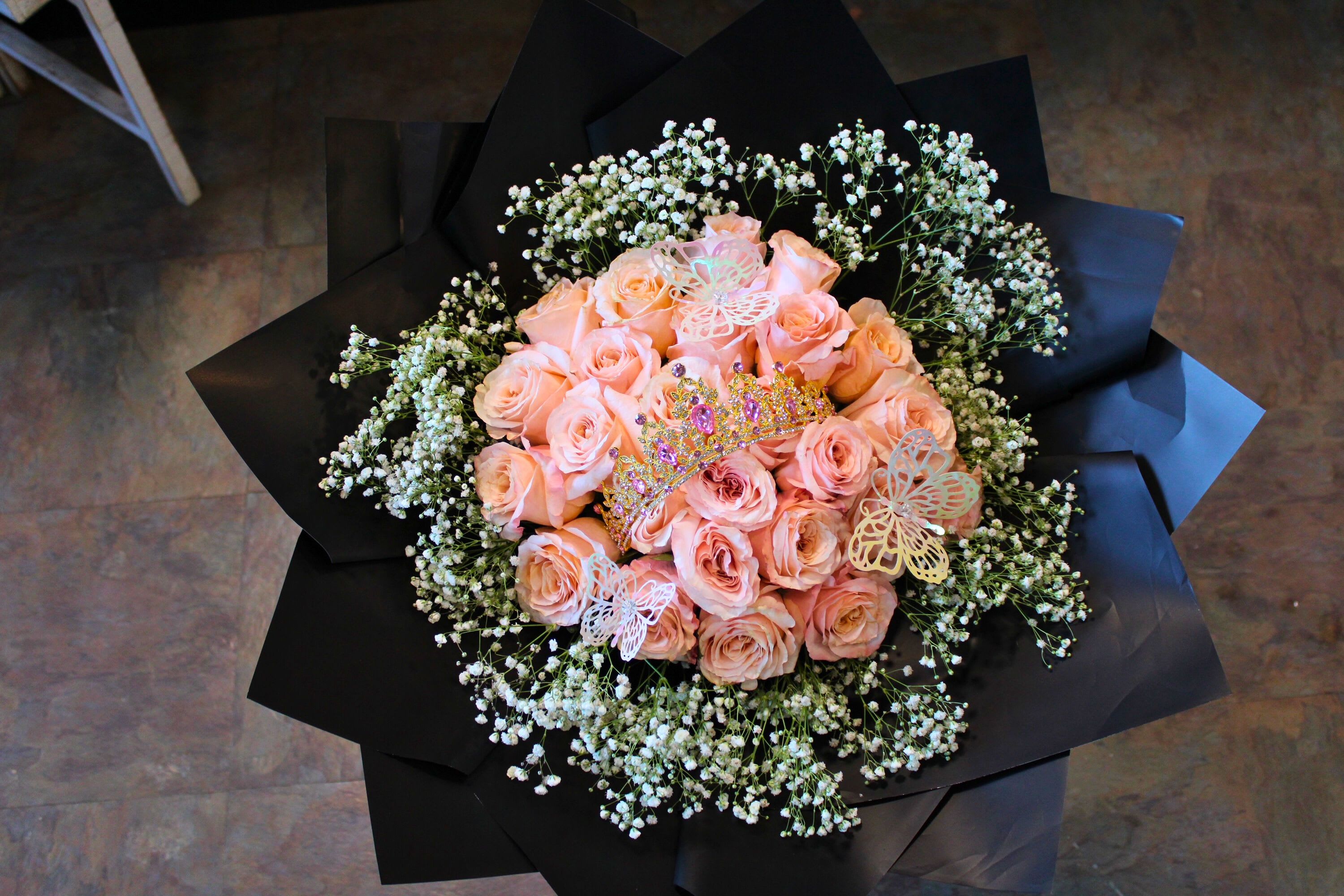 Princess Treatment  - 25 Roes, Gold princess tiara with pink jewels, Butterfly Accents, Babies Breathe, wrapped in black waterproof paper 