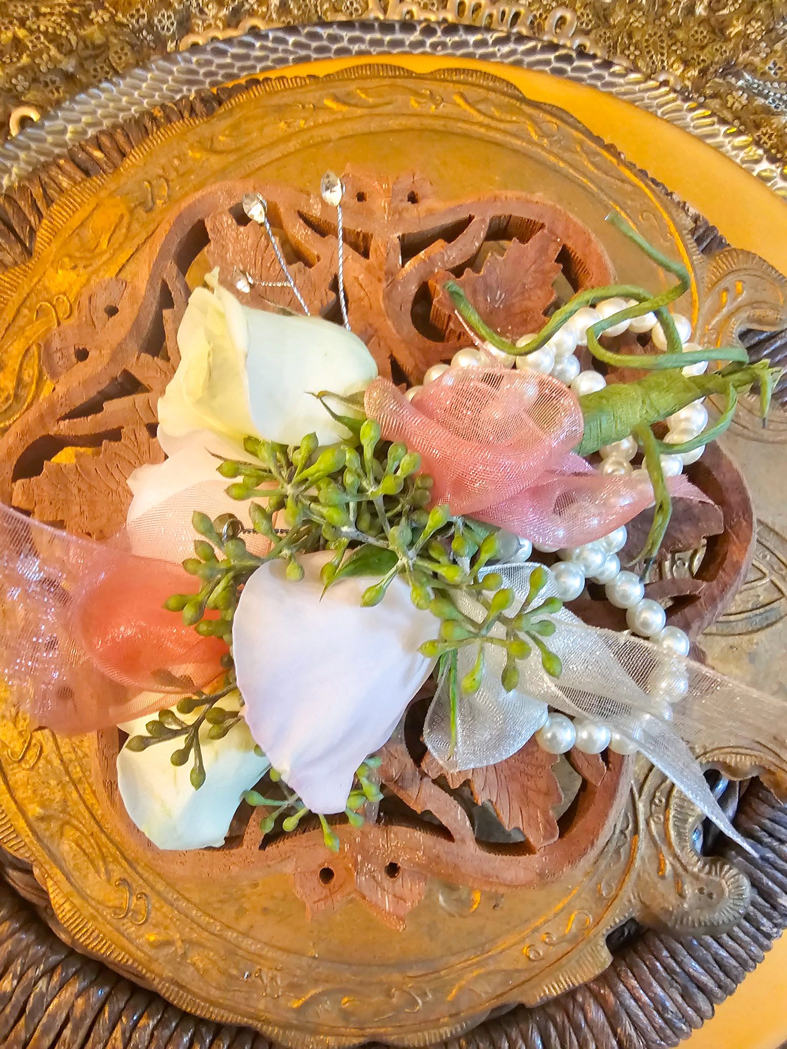 Pink and White Corsage - White and blush pink rose buds, with a pale lavender rose petal. 