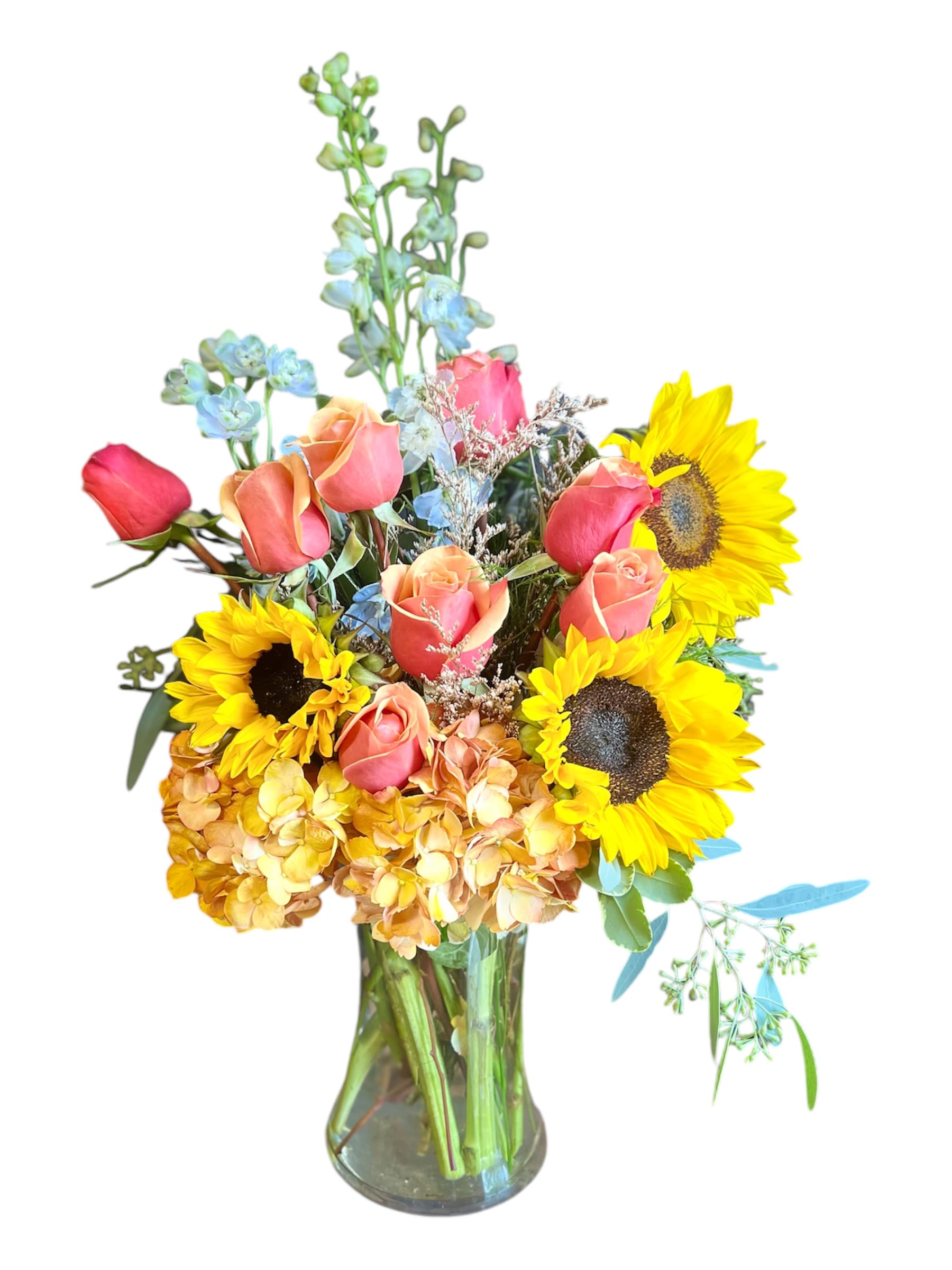 Scenic Beauty Scenic Beauty - Picturesque autumn blooms, our Scenic Beauty bouquet includes sunflowers, hydrangea, roses and delphinium in clear glass vase.