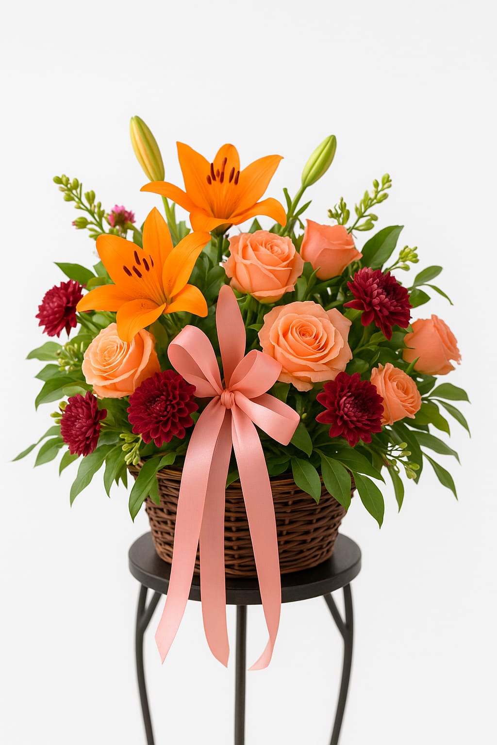 Autumn Radiance Basket Autumn Radiance Basket - Warm, vibrant, and full of charm — our Autumn Radiance Basket celebrates the rich colors of the season with a perfect mix of orange lilies, peach roses, burgundy mums, and lush greenery. Hand-designed in a woven basket and finished with a soft pink satin bow, this arrangement brings cozy elegance to any occasion. We try to make it as close as possible but substitution may occur depending on availability