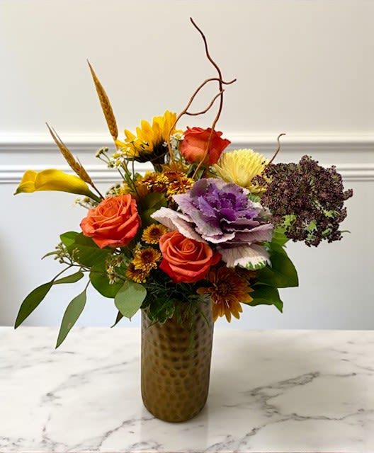 Citrus Sunset  - A vibrant composition inspired by the warmth of autumn’s golden light. Citrus Sunset blends rich seasonal tones of amber, tangerine, and soft yellow with natural texture, creating a modern yet inviting design that radiates energy, joy, and effortless elegance — perfect for any occasion.