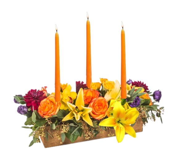 Autumn Nature Centerpiece - No dinner party or food gathering is complete without a centerpiece and this large arrangement makes a big statement on any table. Featuring dinner candles and a variety of flowers to dress up your event with this colorful arrangement. 