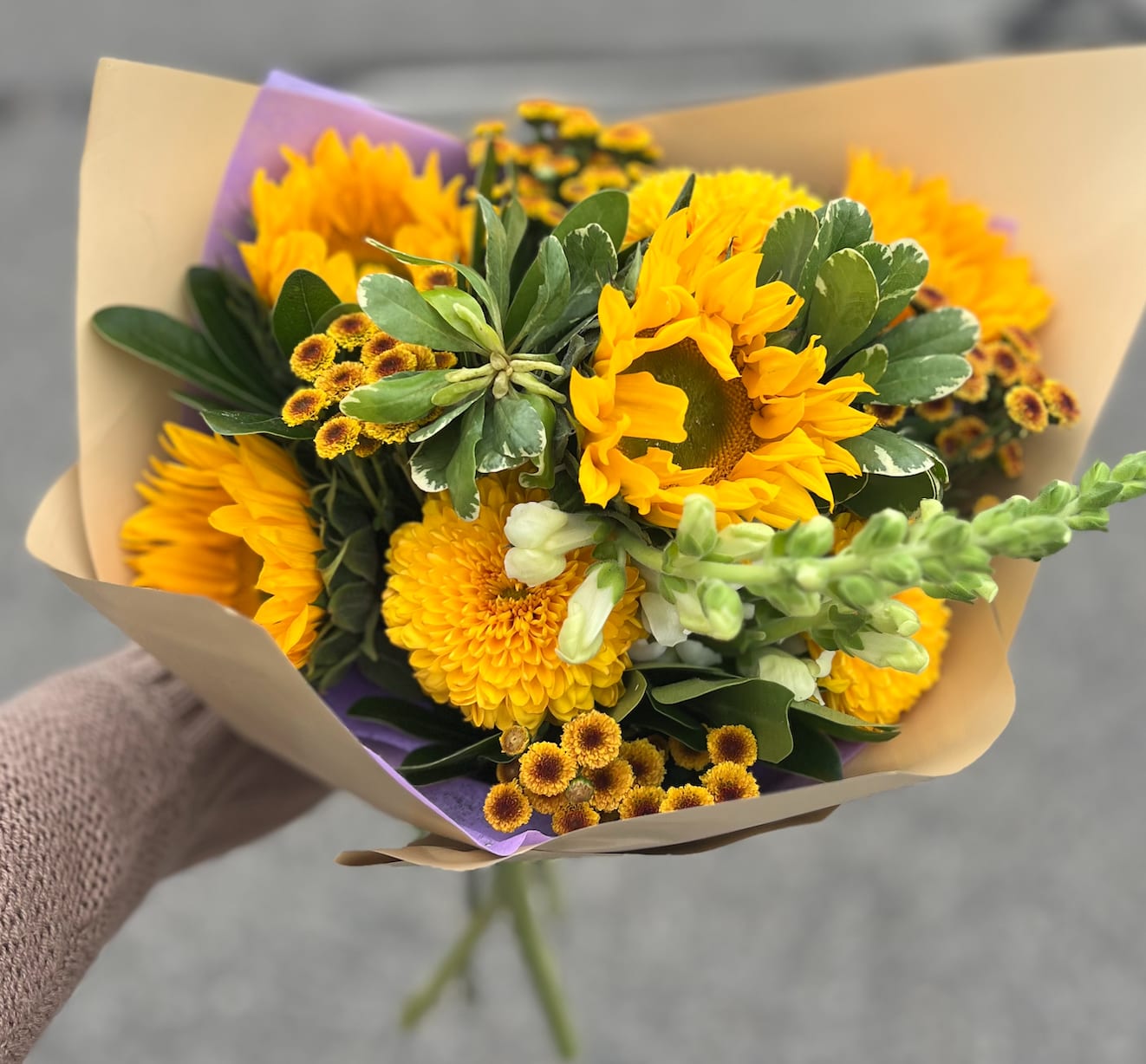 Autumn wrapped bouquet  - A wrapped bouquet of all of falls finest! This is a great gift for the one who owns too many vases!  **photo is reference - we will use the freshest in season autumn blooms 