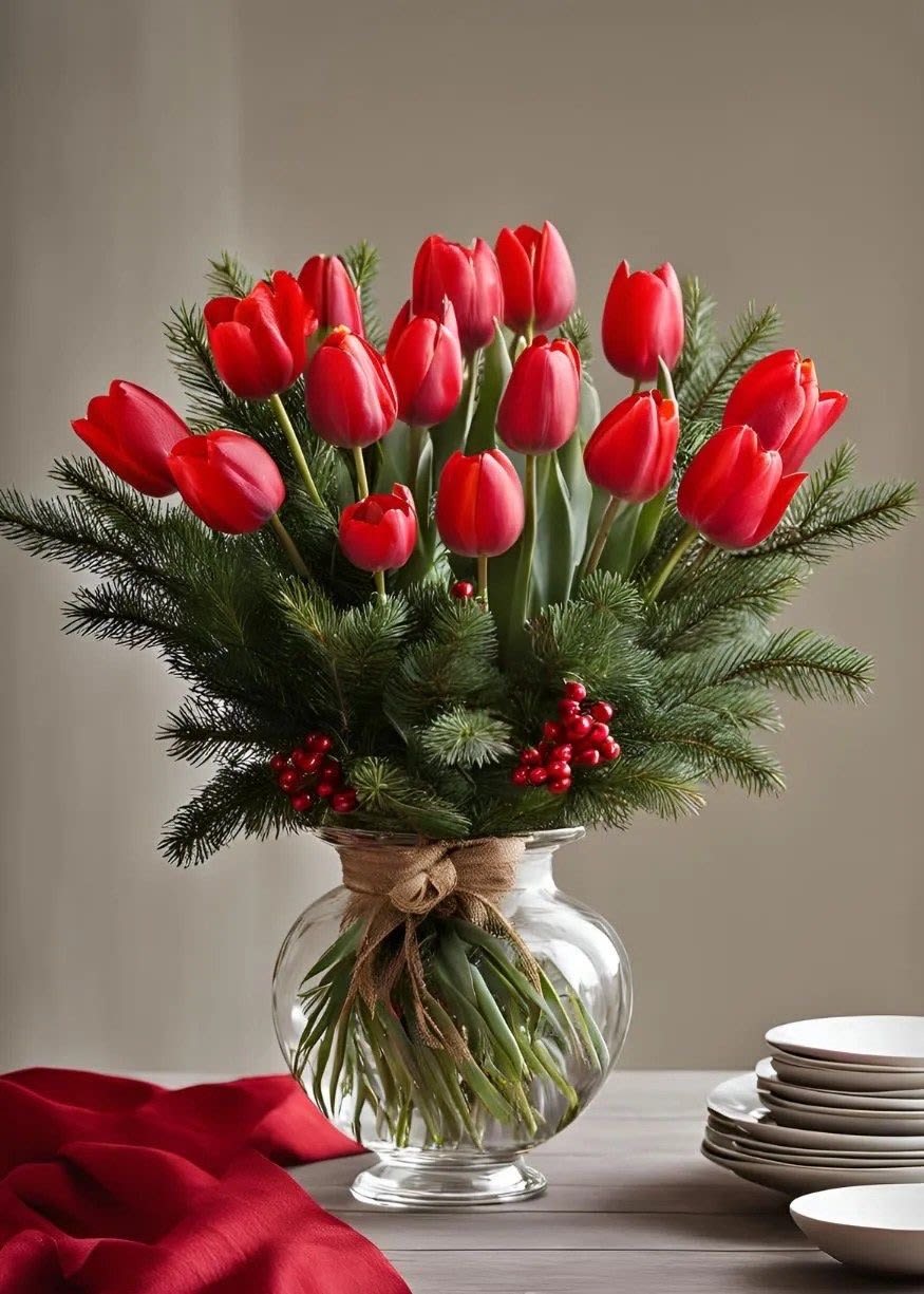 Crimson Winter Charm - Crimson Winter Charm – Bring Warmth to Your Holiday Season”  Celebrate the beauty of the season with our Crimson Winter Charm bouquet! Featuring vibrant red tulips paired with lush evergreen sprigs and festive red berries, this elegant arrangement is perfect for spreading joy and warmth during the holidays.   Perfect for: Holiday décor, gifts, or creating a cozy atmosphere.  Freshly designed: Handcrafted with love and seasonal spirit.  Order now to make your celebrations unforgettable! 