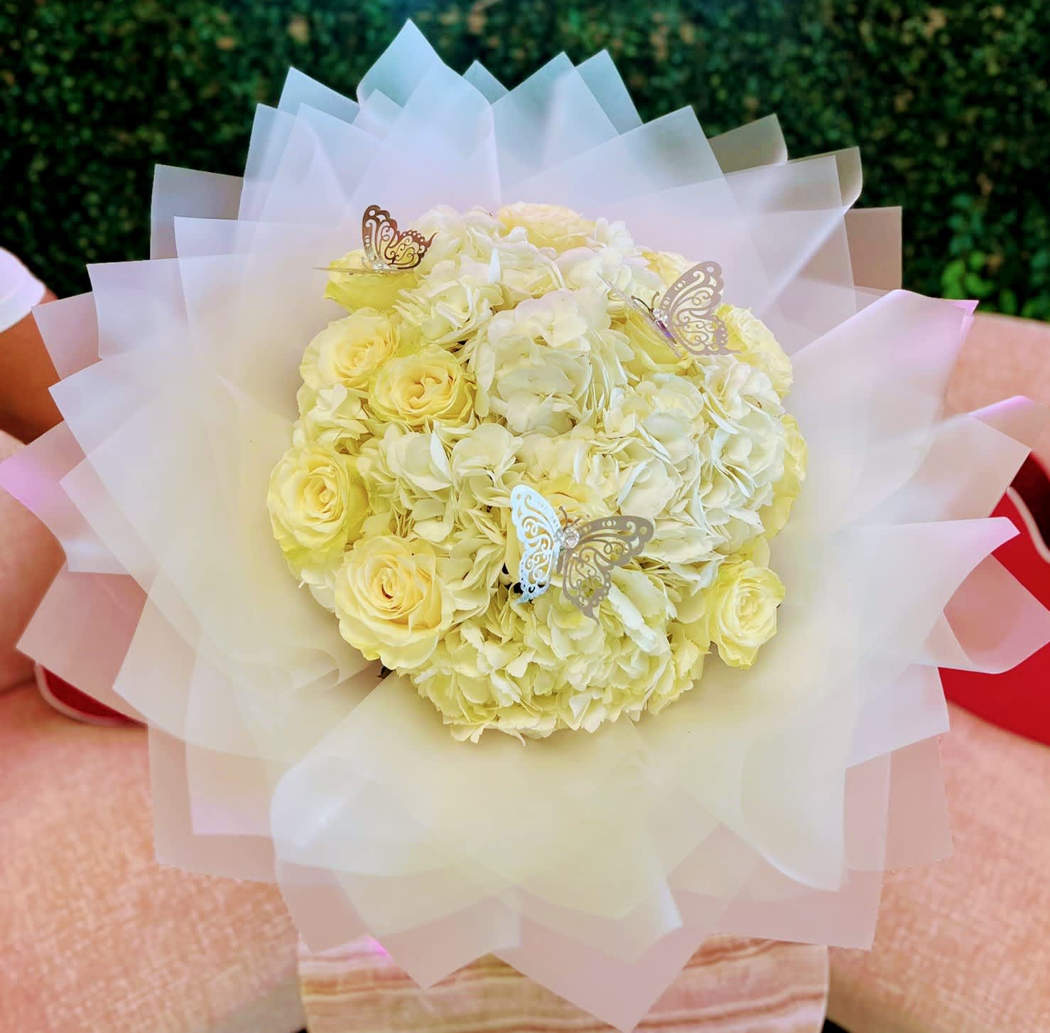 Pure Elegance Bouquet - A classic and timeless arrangement featuring the delicate beauty of white hydrangeas and the pristine charm of white roses. This bouquet exudes sophistication and grace, making it perfect for weddings, anniversaries, or any occasion that calls for a touch of elegance. Does not come with cylinder vase please add it on at check out if you will need one.
